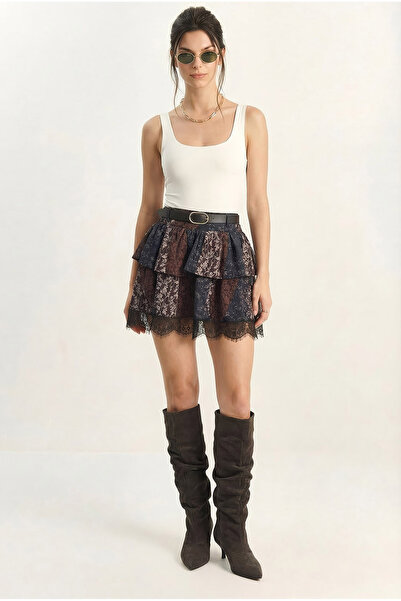 Bianco Lucci Women's Belt Pack Lined Lace Detailed Mini Skirt 4172 60283981