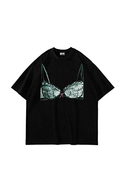 Bak Moda Tricou negru unisex supradimensionat cu imprimeu Bowknot Bikini