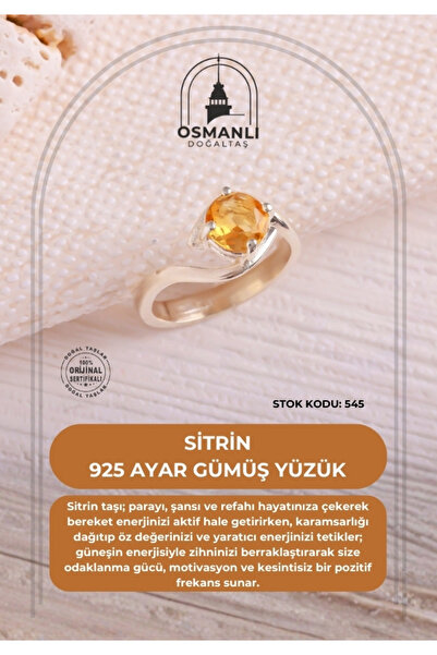 OSMANLI DOĞAL TAŞ Sertifikalı Sitrin 925 Ayar Gümüş Yüzük (SK:545)