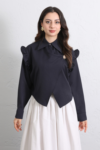 Salih Çelebi Cross Cut Ruffled Blouse Y0070 - Dark Blue