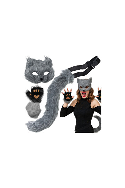 Ruhhy Costum de Halloween, set cu mască, mănuși, coadă de pisică/vulpe/lup, gri
