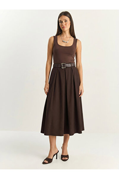 Bianco Lucci Women's Pleated Detailed Midi Length Belt Piece Skirt 0856 60283958