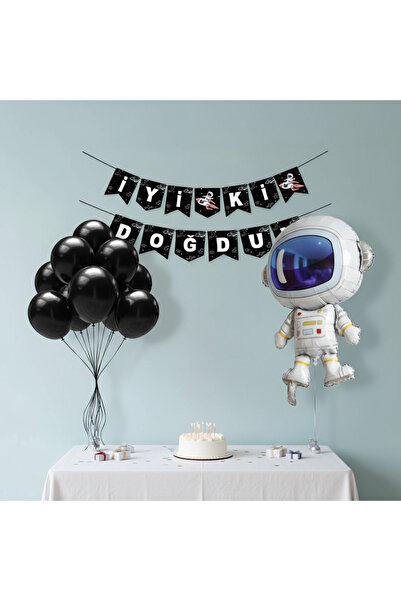 Umamiçe Uzay Party Set – 10 Black Balloons + Banner + Foil Balloon