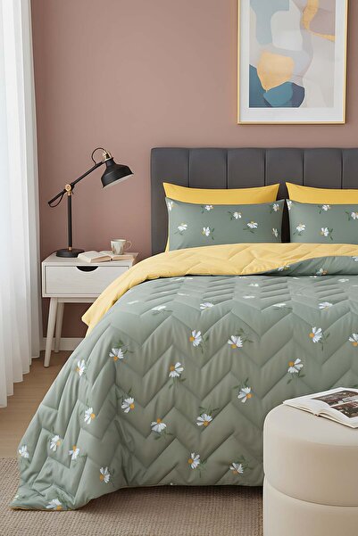 Rivaİstanbul Green Daisy Double Cotton Quilted Pike & Bedspread