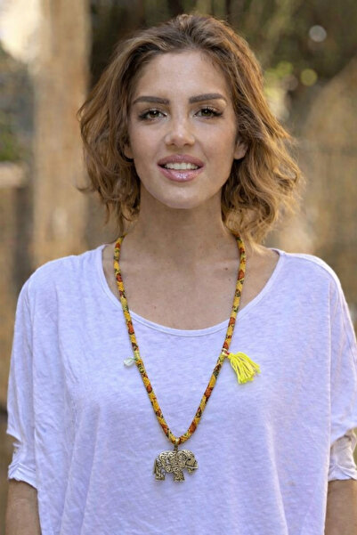 Nevin Kaya Moda Mustard Color Necklace with Silver Elephant Accessory