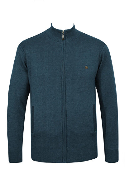 Çizgi Triko Men's Half Turtleneck Pocketed Zipper Petrol Cardigan Classic Fit...