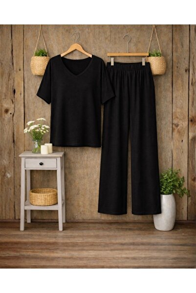 Kokosh moda Women's V-Neck Short Sleeve Viscose Blouse Trousers Two Piece Set