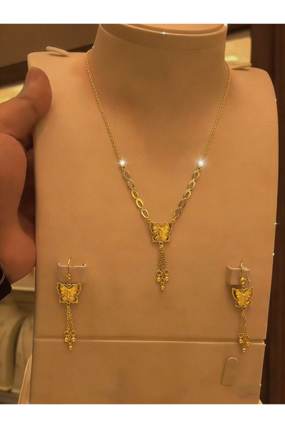 ALZAHR طقم مجوهرات بشرابة فراشة مطلية بالذهب - قطعتان: قلادة وأقراط رومانسية ...