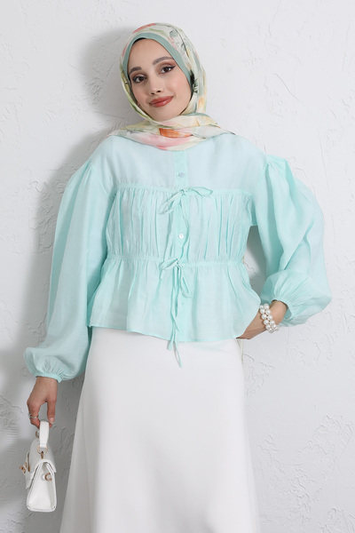 Salih Çelebi Double Laced Ruched Shirt Y0099 - Mint Green
