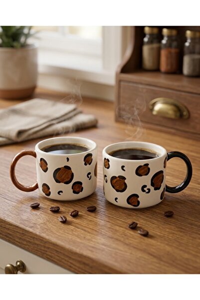 Me Gusta Home 2'li Çift Renk Kulplu Leoparlı Kupa Seti