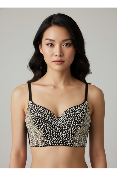 QUEENELA Bustier with Pearl and Stone Embellishments (Hand-Stitched)