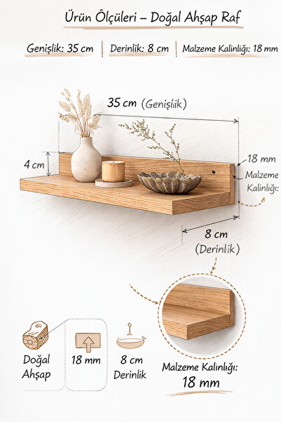 Nowella Home Masif Doğal Ahşap Duvar Rafı 35x8 cm 18 mm Kalınlık