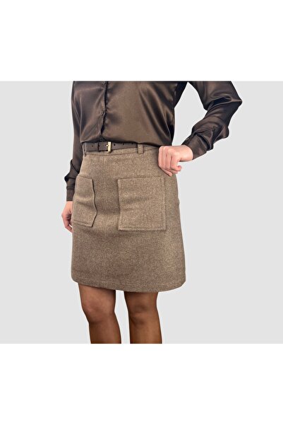ABAS Bej Kaşe Kumaş Yüksek Bel Önden Cepli Diz Üstü Mini Etek