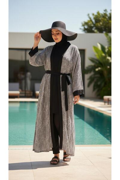 new ats Hijab Patterned Tesettür Swimsuit Set Kimono Pareo Set of 4 Bone Pant...