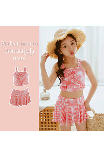 PriStyle Set Costum de Baie pentru Fete, Doua Piese, Model in Carouri Alb-Roz...