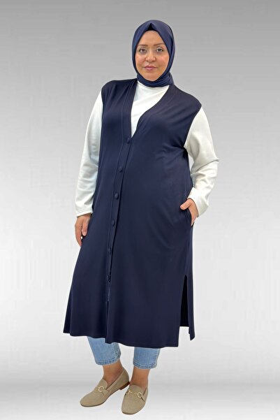 Eslina 54017 Büyük Beden Kaplama Düğmeli Giy-Çık Penye Yelek - Lacivert