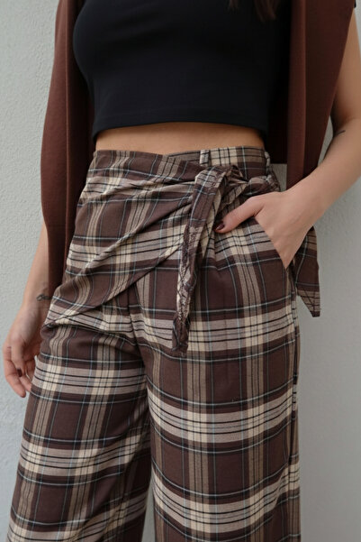 A&O Style Women's Brown Plaid Pattern Scarf Detailed Straight Cut Trousers