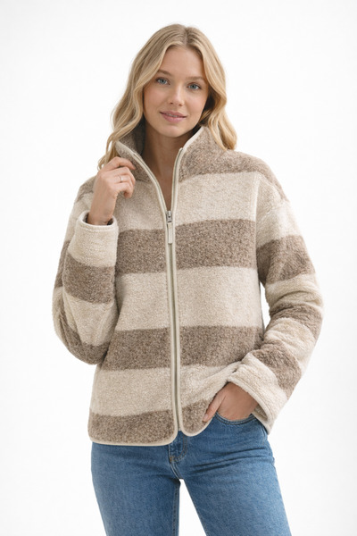 Sibel Günay Butik Γυναικείο φούτερ μπεζ κρεμ Ριγέ με φερμουάρ Φλις