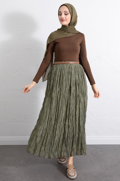 zhrcelebi تنورة ماكسي بخصر مطاطي 0084 - كاكي