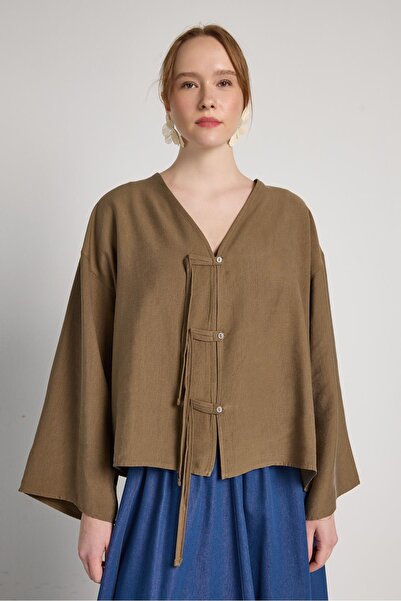 minaaise Oversized Tie-Detail Premium Tencel Fabric Khaki Women's Jacket 31011