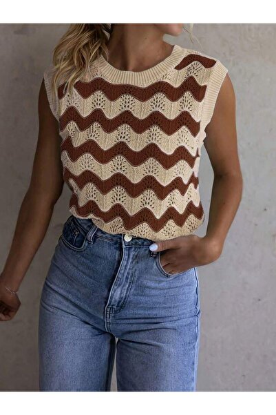 ATE ÖZGÜNEŞ TRİKO TEKSTİL Lace-Like Knit Color Block Women's Knitwear Sweater