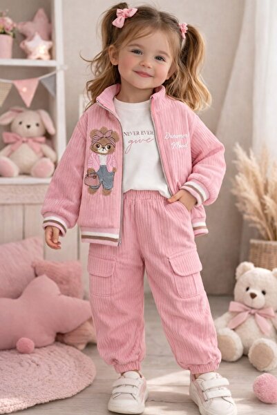 gigigiyim Ayıcıklı Aplikeli Piliseli Kız Çocuk Takım