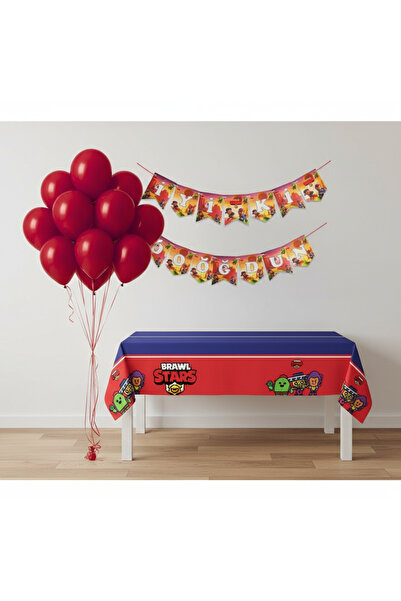 Umamiçe Brawl Stars Party Set – 10 Red Balloons + Banner + Tablecloth