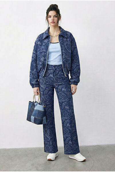 Bianco Lucci Women's Patterned Denim Look Pocket Detail Lined Bomber Jacket P...