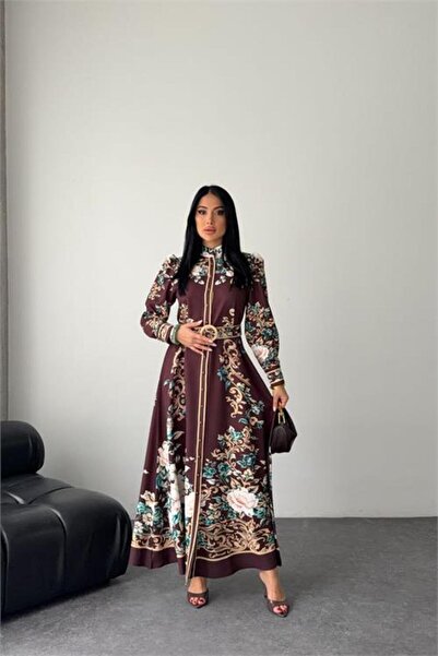 Neşeli Butik rochie de damă maro cu guler hakim, design lung, imprimeu floral...