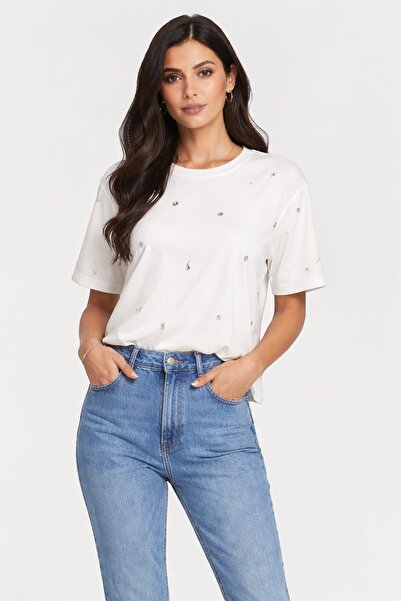 MODAMERSİ Alb pentru femei cu pietre aplicate tricou