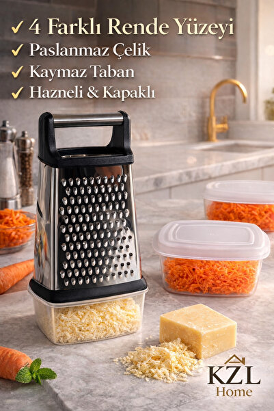 KZL HOME Paslanmaz Çelik Rende ve Kapaklı Hazneli Saklama Kabı Seti - Kaymaz ...