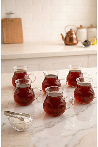 PORLİSMA Vera 6-Piece Borosilicate Striped Glass Tea Cup Set – Striped Tea Se...