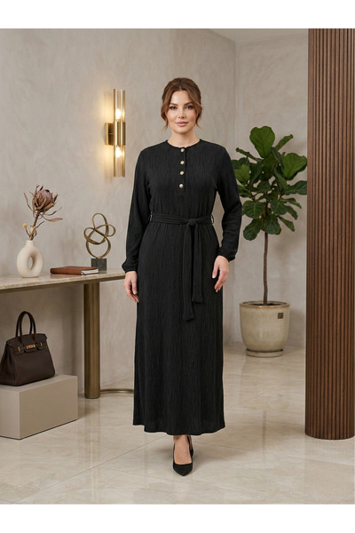 LARCH EXCLUSİVE İPEK CUPRA DÜZ DESEN KUŞAKLI VE DÜĞME KAPAMALI YAZLIK ELBİSE