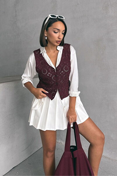 Rabona Fashion Burgundy Gübür Lace Buttons Vest Standard Size V-Neck Stylish ...