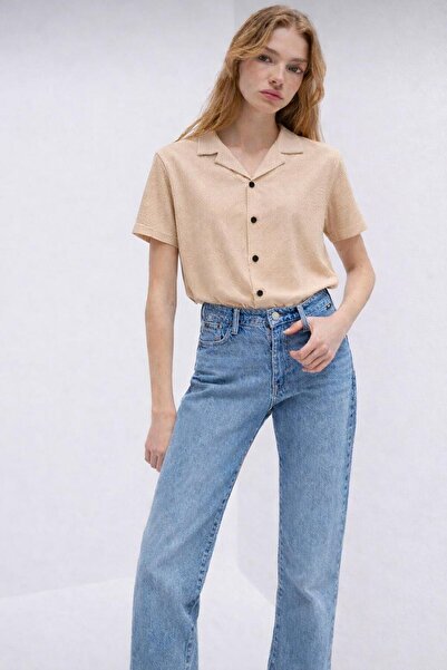 Mavi kadın waflle kısa kollu yazlık gömlek pamuklu rahat kalıp