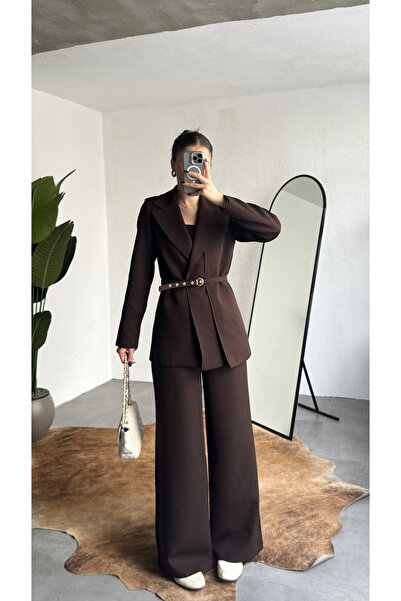 asfamoda سترة بليزر نسائية باللون البني مكونة من حزام قطع مع خصر مطاطي بنطلون...