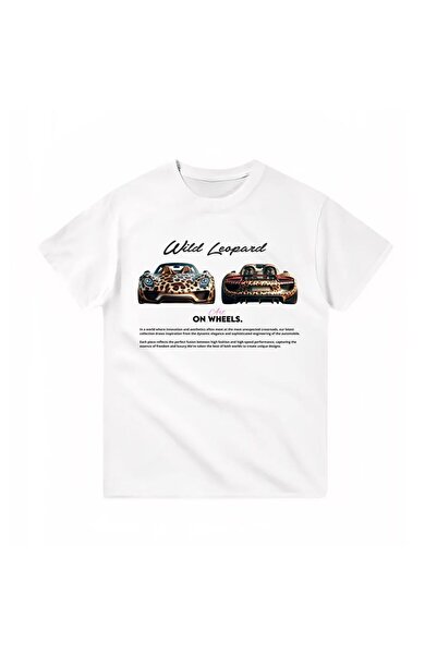 Violon تي شيرت Wild Leopard On Wheels مطبوع أبيض للجنسين