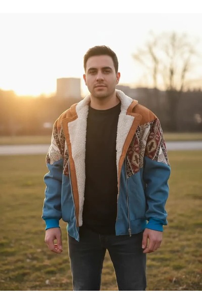 CANMODA (7864) Recien Unisex Fur-Trimmed Yaka Vintage Aztek Jacket Oversized ...