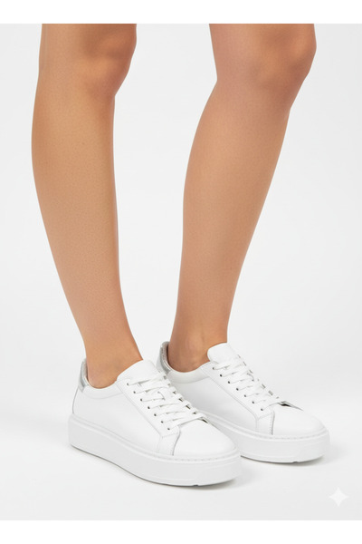 Hakiki Deri Ortopedik Gümüş Detaylı Beyaz Kadın Sneaker