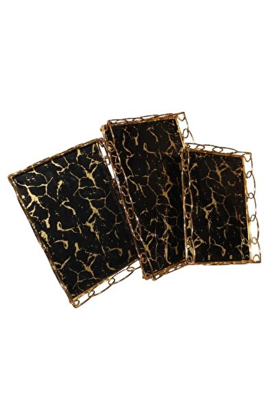 WDA Luxury Black & Gold Marble Design Serving Tray Set – Decorative Metal Fra...