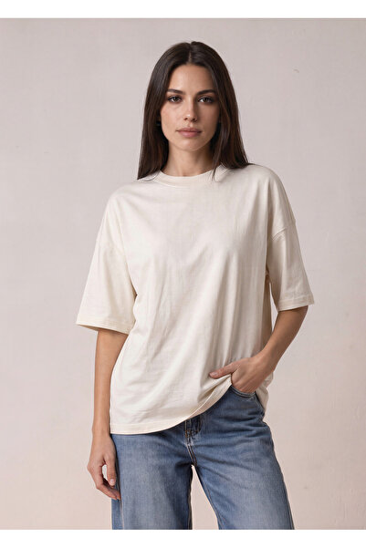 Amia&Co. Крем 100% памук Оверсайз базова блуза с къс ръкав и обло деколте за ...