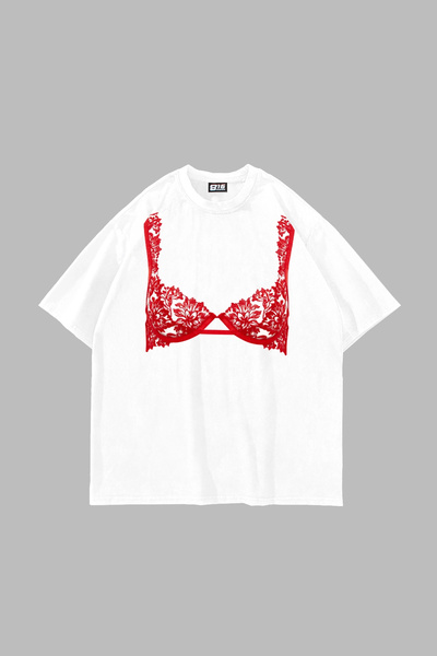 Bak Moda Λευκό μπλουζάκι Unisex με στάμπα κόκκινο σουτιέν