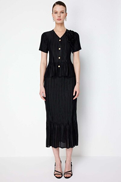 Ekol Piliseli Akordiyon Kumaş Midi Etek