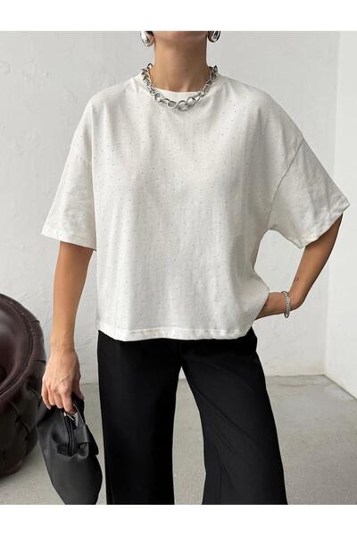 FASHION Kadın Taş İşleme Detaylı Yuvarlak Yaka Basic Tişört