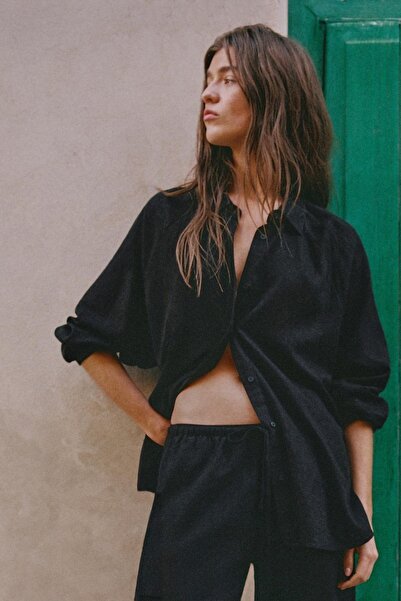 Pull & Bear Keten karışımlı rustik gömlek