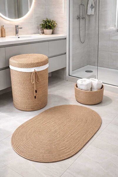 Home Hasır Örme 3'lü Banyo Seti - Çamaşır Sepeti, Düzenleyici Organizer ve Ov...