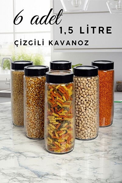 Saule 6 Adet Mega Boy Uzun Dik Saydam kapaklı Çizgili Cam Kavanoz Seti 1500ml...
