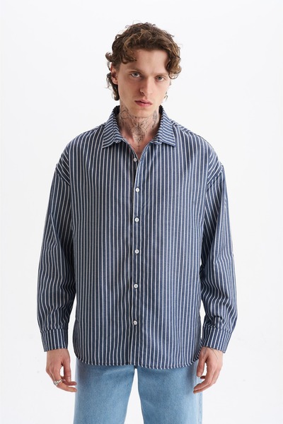 Danger Ανδρικό πουκάμισο 100% Βαμβάκι lu Ριγέ σε μπλε ναυτικό χρώμα