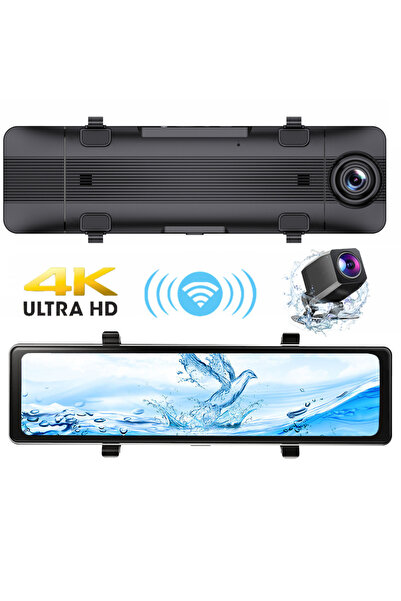 Qifit 12 İnç 4K Aynalı Araç Kamerası DVR Kablosuz CarPlay Android Auto Sesli Komut IPS Çift Kamera