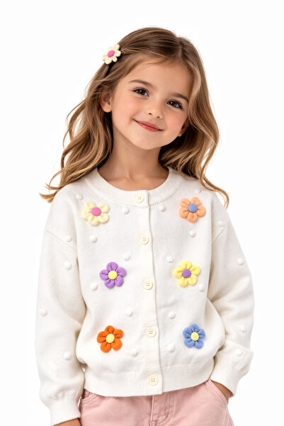 NO NAME Premium Cardigan with Colorful 3D Flowers - White